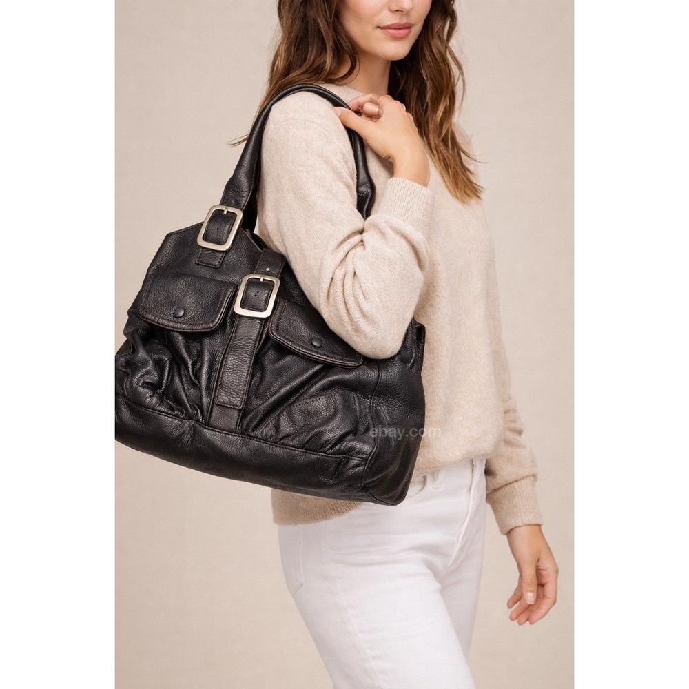Cole Haan Black Pebbled Leather Satchel Handbag Buckle Pocket Tote